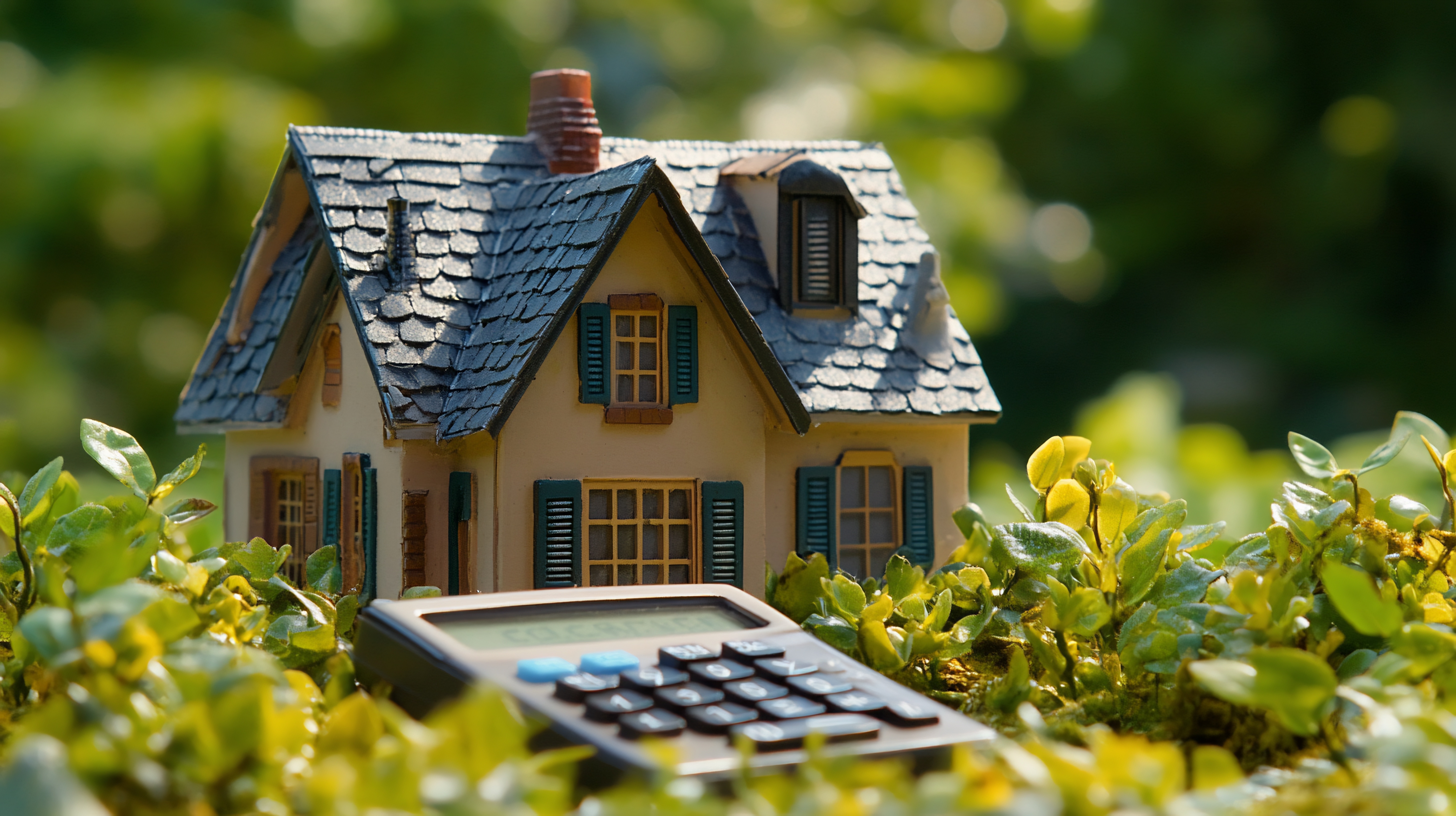 maison dans l'herbe avec une calculatrice devant