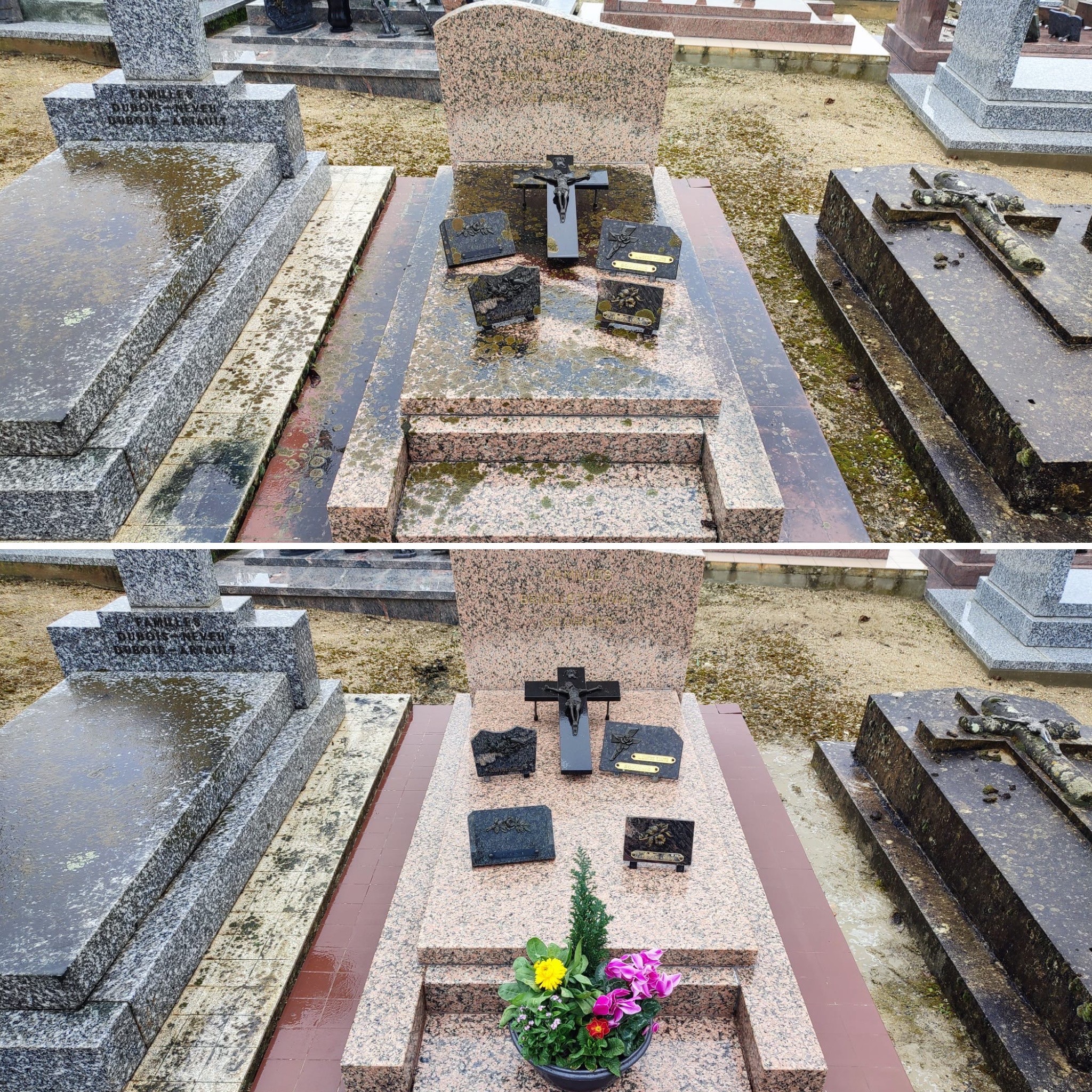 Fleurissement de sépulture avant et après l’intervention